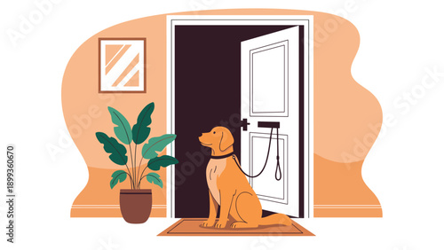 Golden retriever dog sits patiently by an open front door with a leash attached to its collar waiting for a walk.