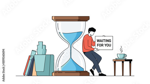 Conceptual illustration of a man leaning against a large hourglass and holding a sign that says Waiting for You.