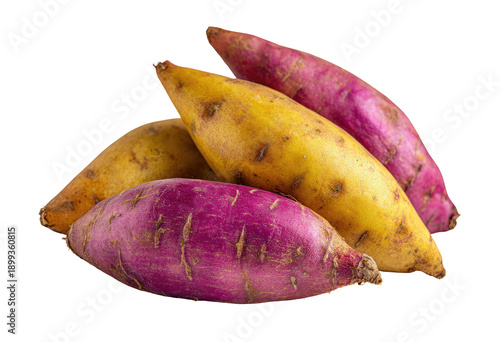 Close-up of three sweet potatoes, varying from deep purple to pale yellow,  grouped together.  Their smooth skins exhibit a blend of colors and textures