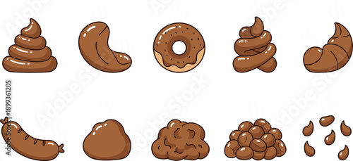 Chocolate sweets and cocoa shapes icon set with donut, candies and drops in flat vector style for dessert and confectionery design