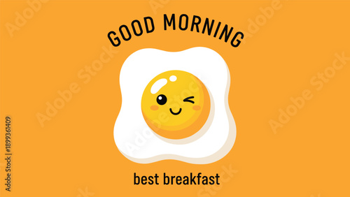 Cheerful breakfast illustration of a cute winking fried egg character with a smiling face and the words Good Morning.