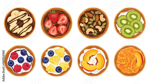Top view of various fruit tarts and desserts decorated with bananas, strawberries, kiwi, blueberries, and peaches.