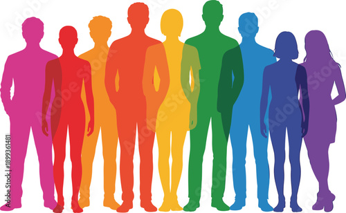 Colorful people silhouettes illustration, diverse group of men and women standing together symbolizing diversity, inclusion, equality and modern society flat vector
