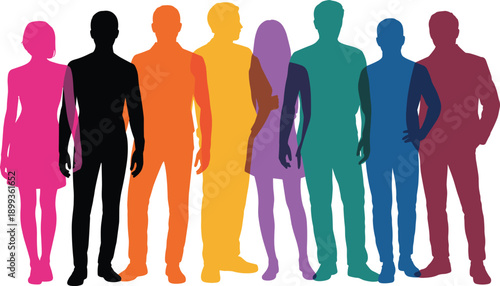 Colorful people silhouettes illustration, diverse men and women standing together representing diversity, inclusion, equality, community and modern society flat vector