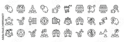 sales funnel stages icon set collection in line style. icon set consist of awareness, landing page, lead, interest, follow up, conversion, traffic, consideration, signup, prospect, engagement