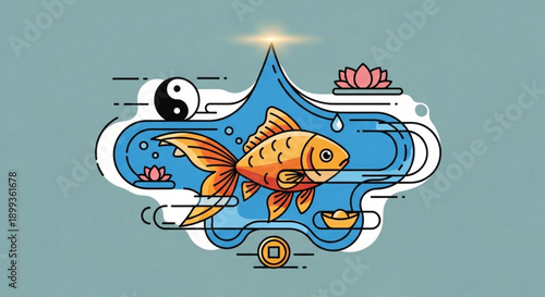 Vibrant goldfish swims in stylized water with lotus flowers and yin yang symbol conveying harmony and balance in a serene aquatic scene