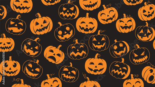 Seamless pattern of various orange jack-o-lantern pumpkins with different spooky and happy faces on a black background.