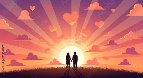Couple holding hands at sunrise with hearts in the sky romantic concept for love and relationships vector illustration