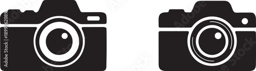 Two black silhouette icons depicting classic film cameras side by side