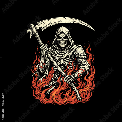Grim Reaper Skeleton Holding Scythe In Burning Hell Fire