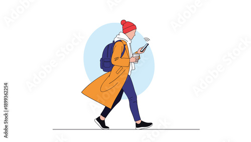 Young person walking while using a smartphone and carrying a backpack and a cup of coffee in a casual winter outfit.