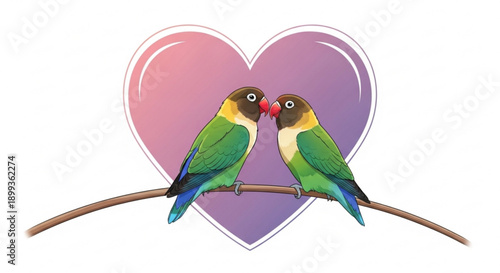 Two lovebirds perched on a branch sharing a tender moment with a heart background symbolizing romance and affection