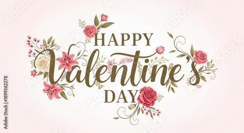 Happy Valentines Day floral lettering with roses and lilies romantic celebration design for greeting cards and invitations isolated on 