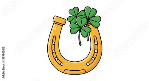 Golden horseshoe with four leaf clover on white background symbolizing good luck and fortune