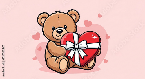 Cute teddy bear holding a heart-shaped gift box perfect for Valentines Day or love-themed designs isolated on pink background