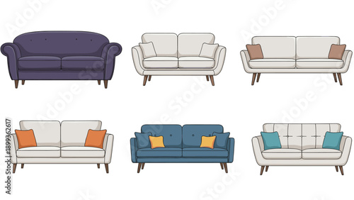 Set of different sofa designs featuring various colors, shapes, and decorative cushions for interior design inspiration.