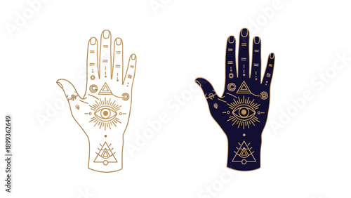 Two palmistry hands, one white and one blue, decorated with mystical symbols such as eyes, triangles, and celestial rays.