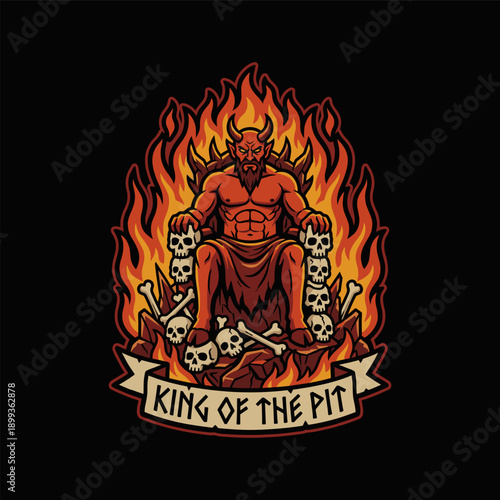 Red Devil King Sitting On Skull Throne In Hell Fire