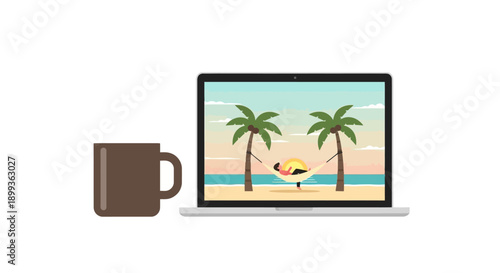 Laptop screen showing a person relaxing in a hammock on a tropical beach with a coffee mug