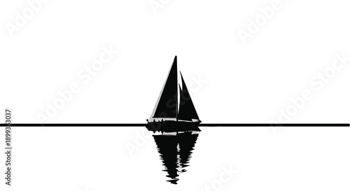 Sleek black sailboat glides across calm, reflective water under a bright sky.