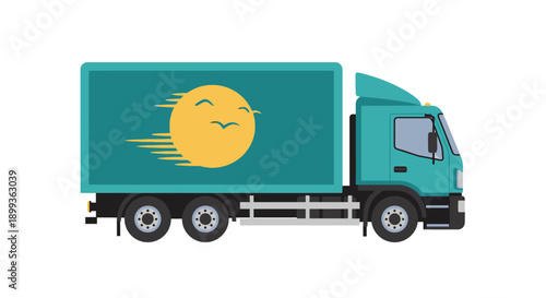 Turquoise truck with sun graphic delivering goods across the country