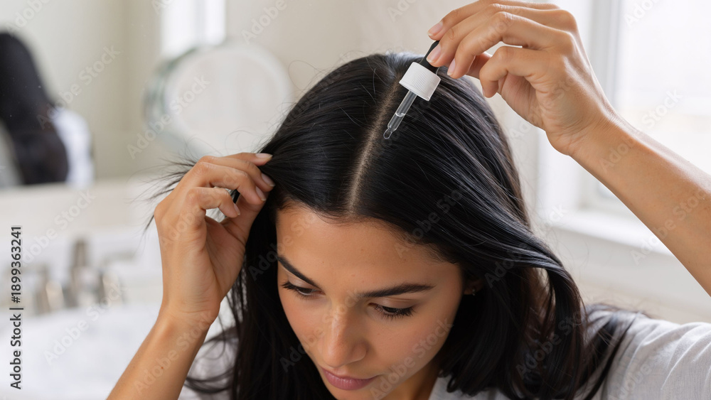 Fototapeta premium Woman applying hair serum from dropper on her scalp. Hair care and treatment concept. Cosmetology clinic marketing.
