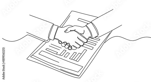 Line drawing of two hands shaking over a contract on a transparent background