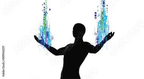 Silhouette of a person with arms outstretched, creating vibrant digital energy streams.