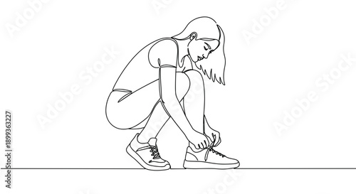 Line drawing of a young woman crouching while tying her shoelaces on a transparent background