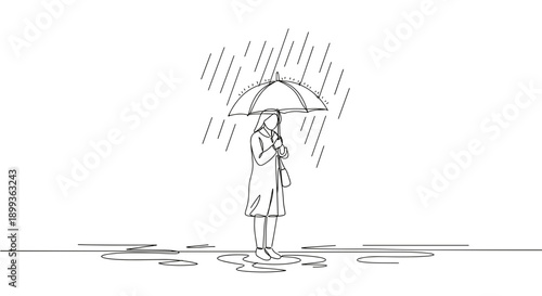 Line drawing of a woman standing in the rain with an umbrella on a transparent background, expressing solitude and introspection while surrounded by raindrops.