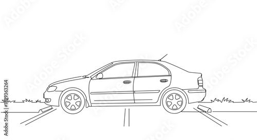 Line drawing of a car parked on a road with grass on the side, showcasing details and contours of the vehicle in black and white on a transparent background