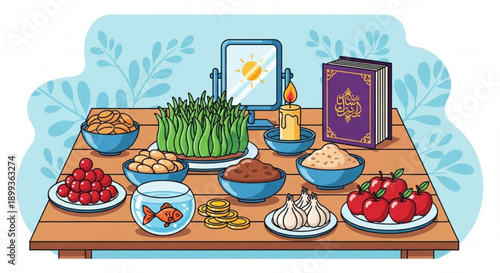 Traditional nowruz celebration table setting with haft seen items fresh produce and symbolic elements arranged on a wooden table with candles and decorative book