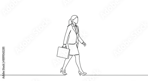 Line drawing of a businesswoman walking with a briefcase on a transparent background