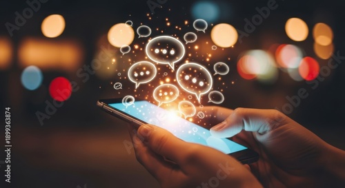 Hand holding smartphone with glowing chat bubbles