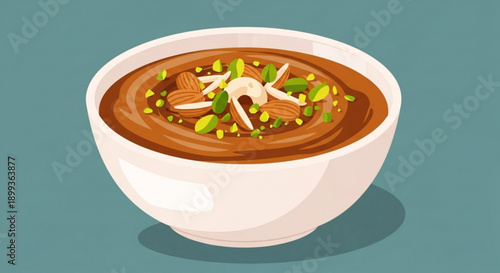 Delicious bowl of chocolate dessert topped with nuts and seeds on a plain background