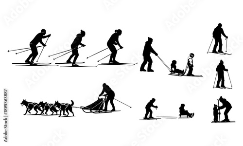 Silhouettes of winter activities cross country skiing dog sledding and snow play