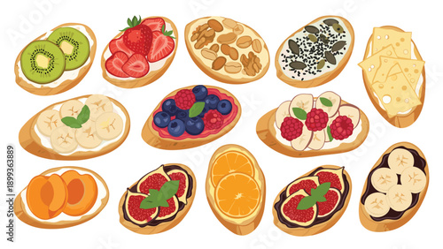 Large assortment of healthy fruit and nut bruschettas with various toppings like kiwi, strawberries, bananas, and figs on toasted bread.