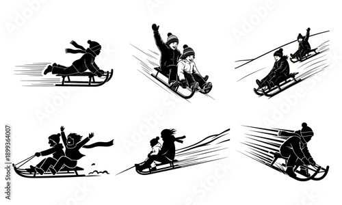 Black and white illustration of people sledding down hills in winter