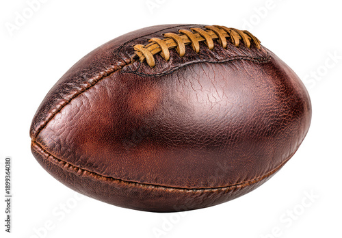 Aged brown leather football, stitched seams