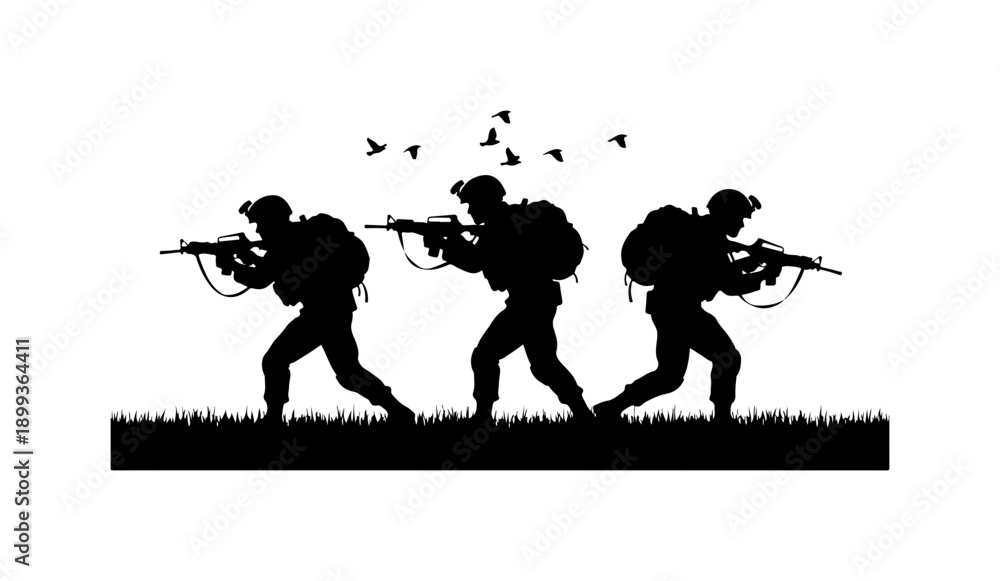 Obraz premium Military Soldiers Silhouette with Birds