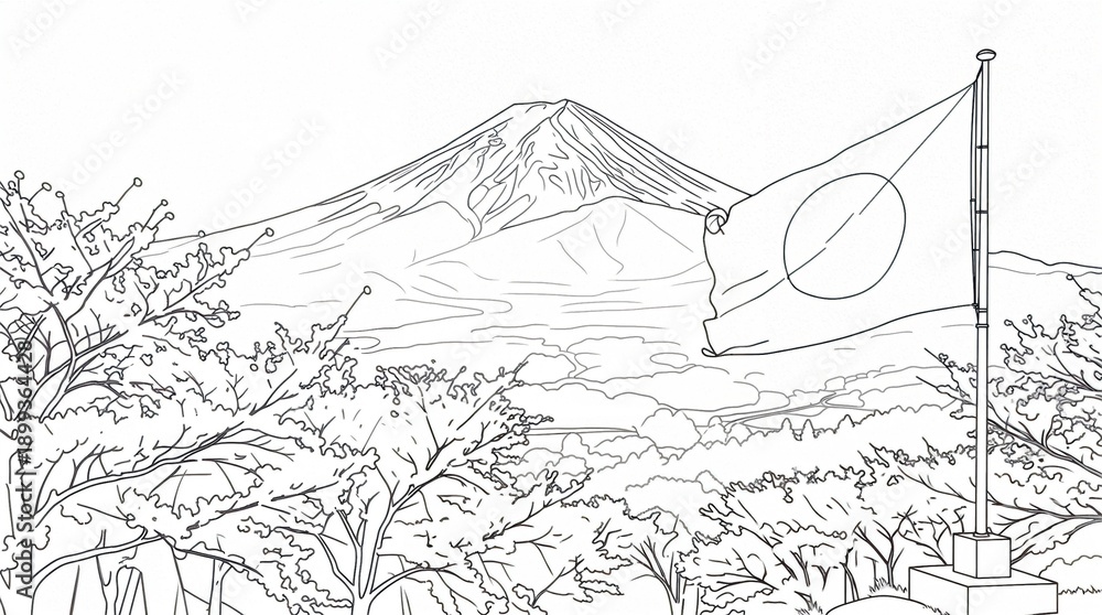 Fototapeta premium Black-and-white line drawing coloring page: Mount Fuji with blooming cherry trees and Japanese flag on pole — serene traditional landscape for cultural creativity