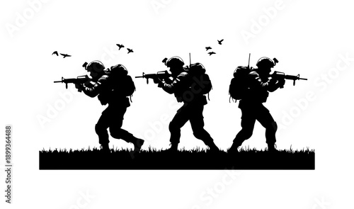 Three Soldiers Silhouette Patrol Scene Vector Art