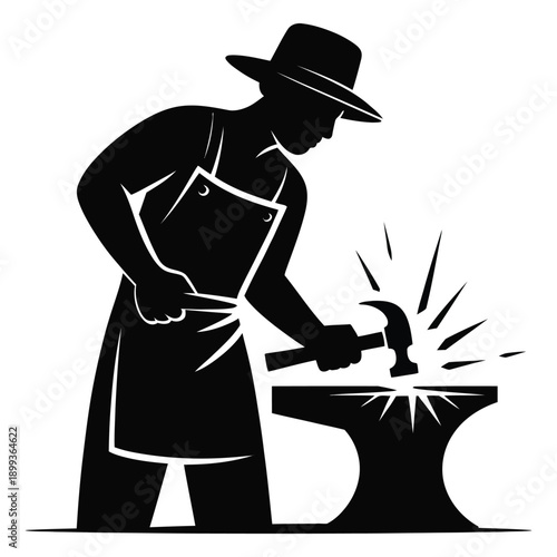 Blacksmith working with hammer and anvil silhouette vector illustration, traditional metalworking scene with craftsman striking hot iron, artisan forging steel with sparks flying around