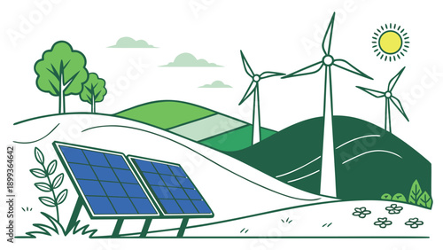 Solar Panel and Wind Turbine Renewable Energy Flat Vector