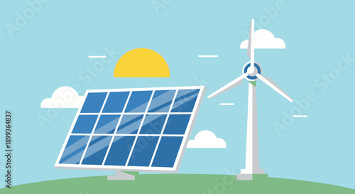Solar Panel and Wind Turbine Renewable Energy Flat Vector