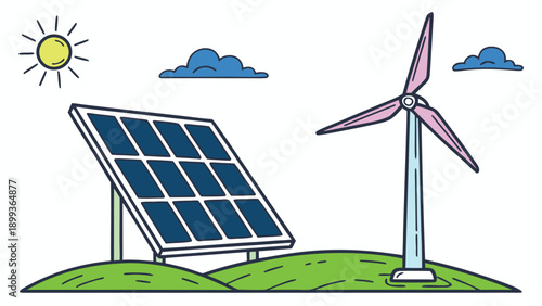 Solar Panel and Wind Turbine Renewable Energy Flat Vector