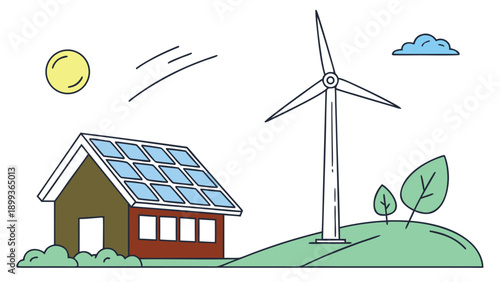 Solar Panel and Wind Turbine Renewable Energy Flat Vector