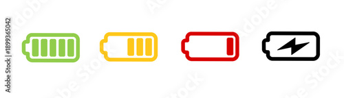 Set of colorful battery level indicators showing full, medium, low, and charging status in a clean minimalist vector style