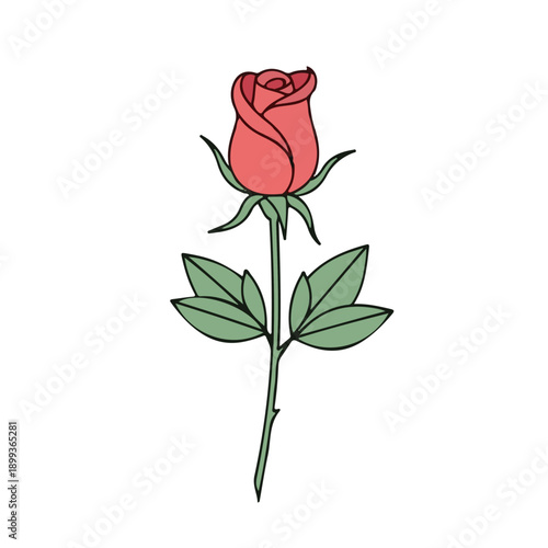 Elegance in Bloom: A close-up illustration of a solitary, radiant red rose stands in full bloom. Its delicate petals and lush green leaves, a symbol of love, beauty, and grace.