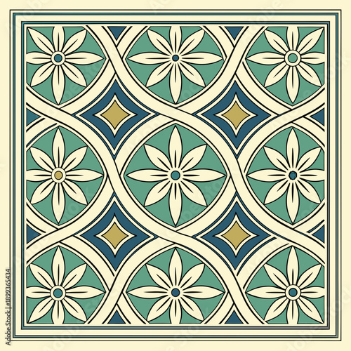 A decorative tile pattern with floral designs in teal, blue, and gold colors